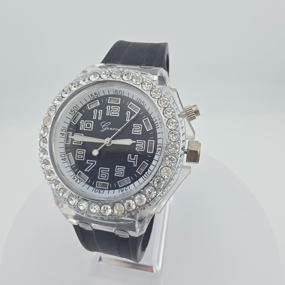 Vtg GENEVA Jelly Watch Crystal Accents Acrylic Case Black Silicone Band 8.5"‎
